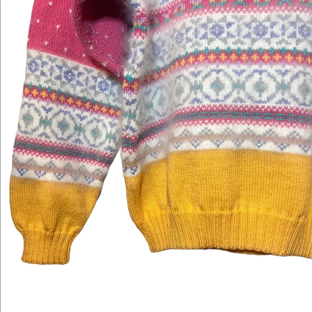 Vintage Marceau Wool Angora Fair‎ Isle Sweater Fuzzy Pink Mustard Cottagecore